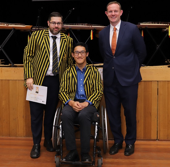 Liam James celebrating services to rowing in NSW with Mayor Darcy Byrne and Zarni Tun 2019 Young Citizen of the Year and member of the Balmain Parra Rowing Team